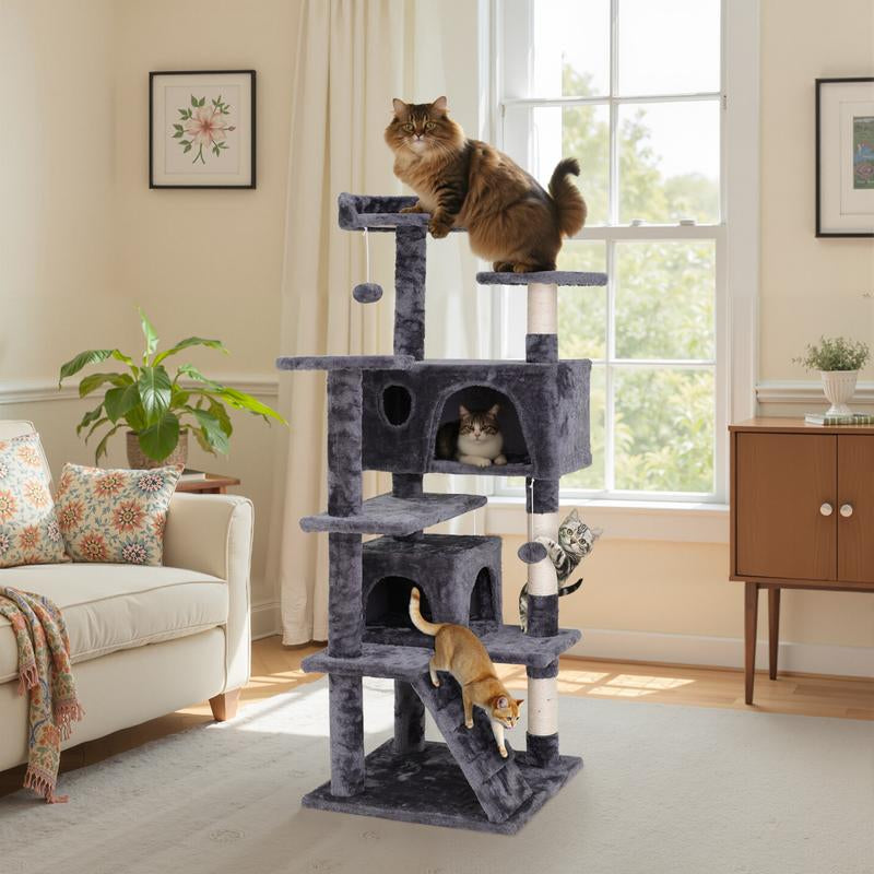 Pet Republic 55-In Multi-Level Cat Tree Tower Indoor Cat Condo for Kitten, Cozy Plush Pet Furniture W/Sisal Scratching Posts & Ladder & Dangling Balls, Dark Gray