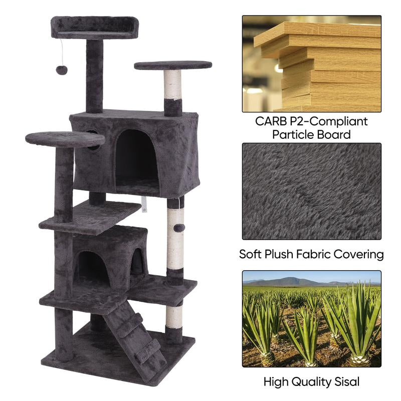 Pet Republic 55-In Multi-Level Cat Tree Tower Indoor Cat Condo for Kitten, Cozy Plush Pet Furniture W/Sisal Scratching Posts & Ladder & Dangling Balls, Dark Gray