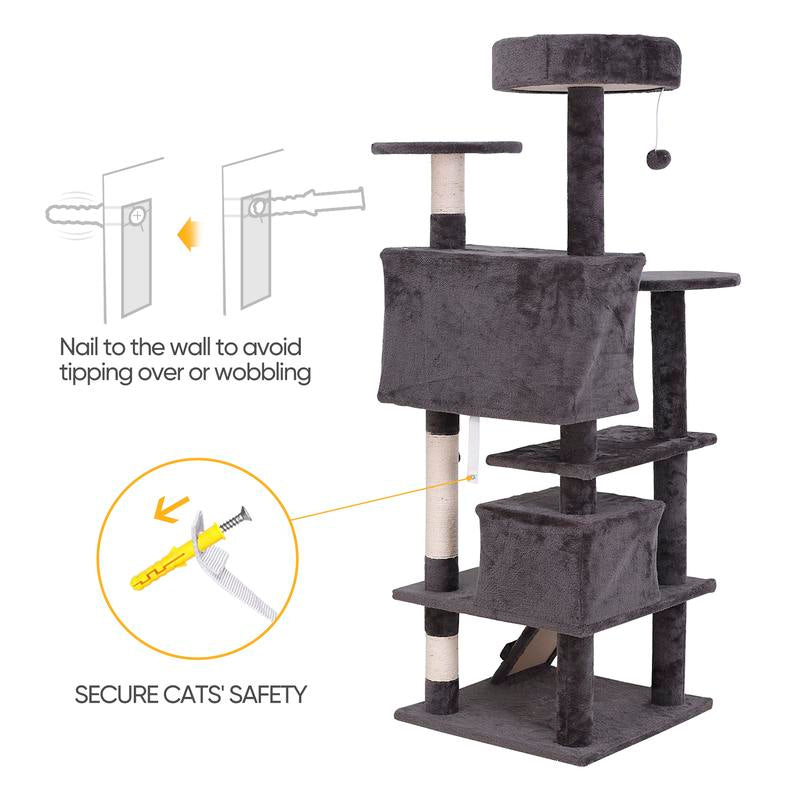 Pet Republic 55-In Multi-Level Cat Tree Tower Indoor Cat Condo for Kitten, Cozy Plush Pet Furniture W/Sisal Scratching Posts & Ladder & Dangling Balls, Dark Gray