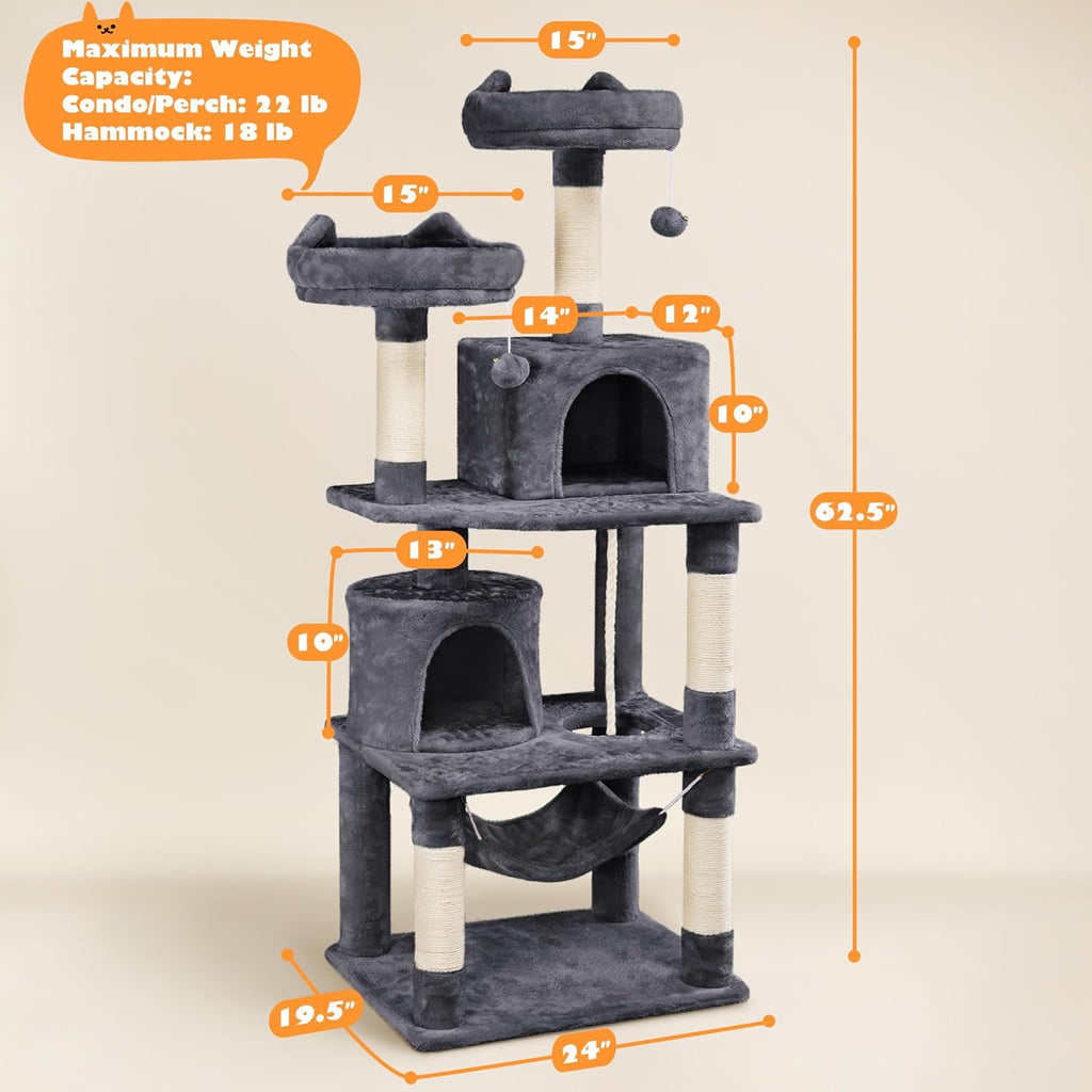 62.5Inches Cat Tree Cat Tower Cat Condo with Platform & Hammock, Scratching Posts for Kittens Pet Play House with Plush Perch for Indoor Activity Relaxing, Dark Gray