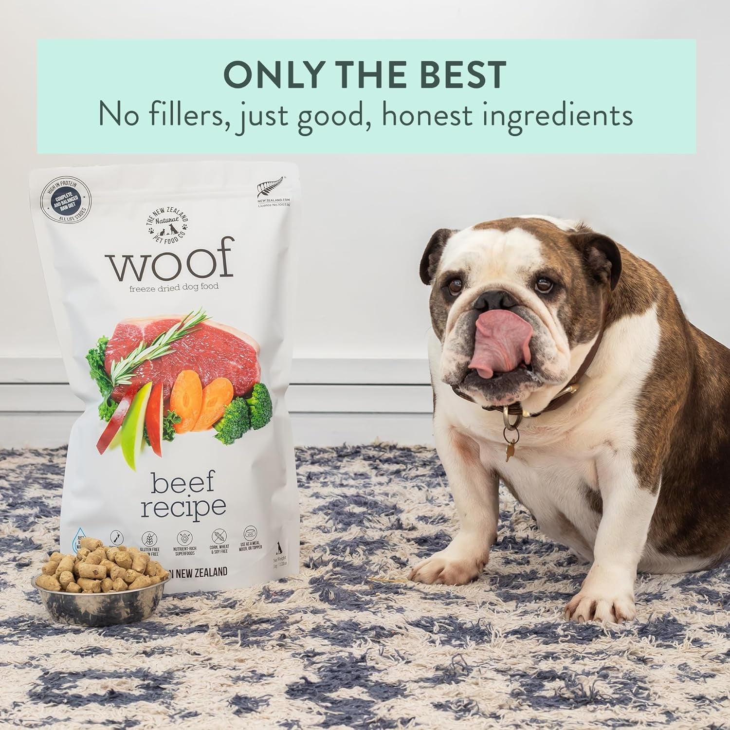 The New Zealand Natural Pet Food Co WOOF Freeze Dried Dog Food - Beef Recipe, High Protein, Use as a Complete Diet, Dog Food Topper, Mixer, or as Dog Treats, All Life Stages, 9.9 Oz