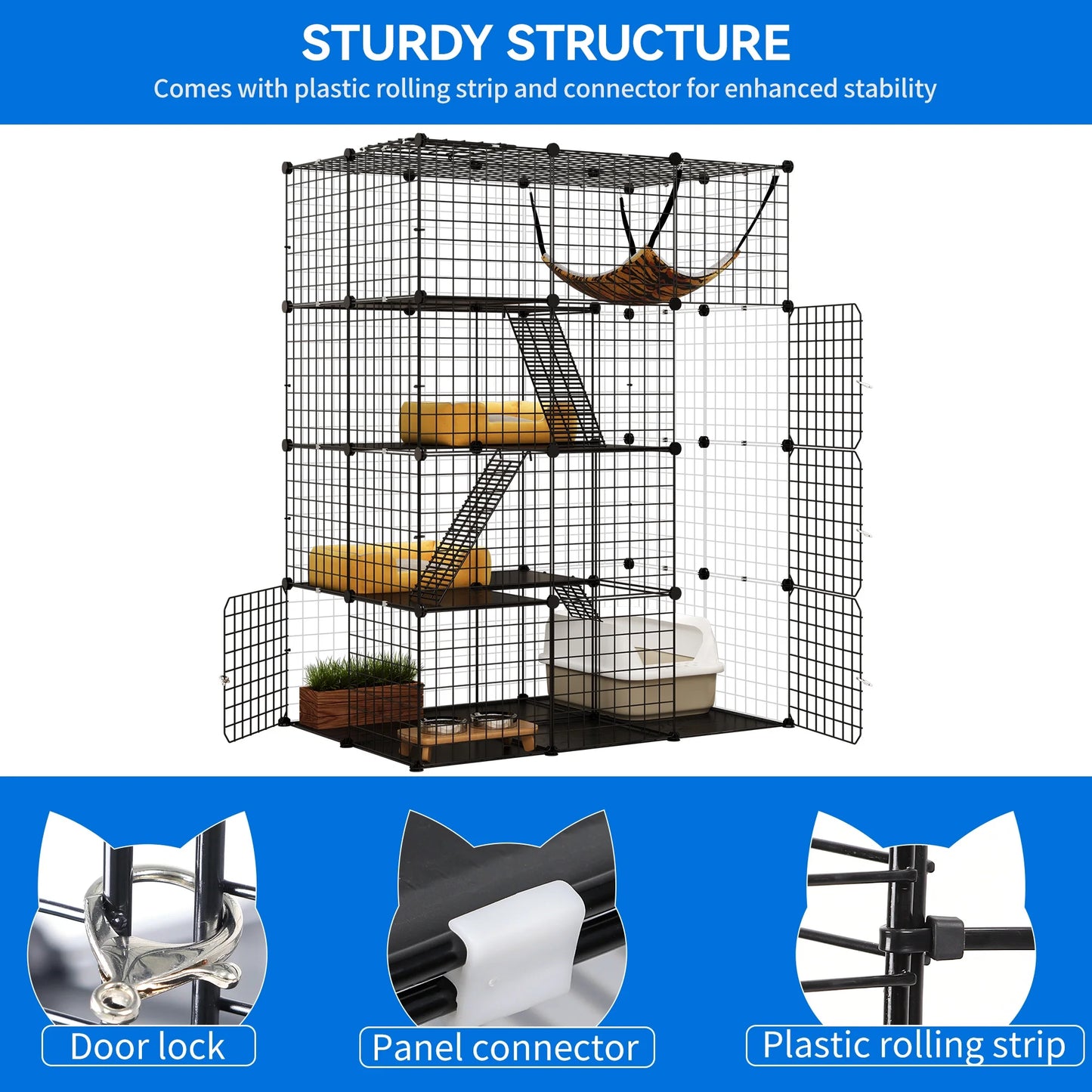 Large Cat Cage 4-Tier Kennels with Large Hammock ,Metal Wire Cat Kennel DIY Cat Playpen Perfect for 1-3 Cats