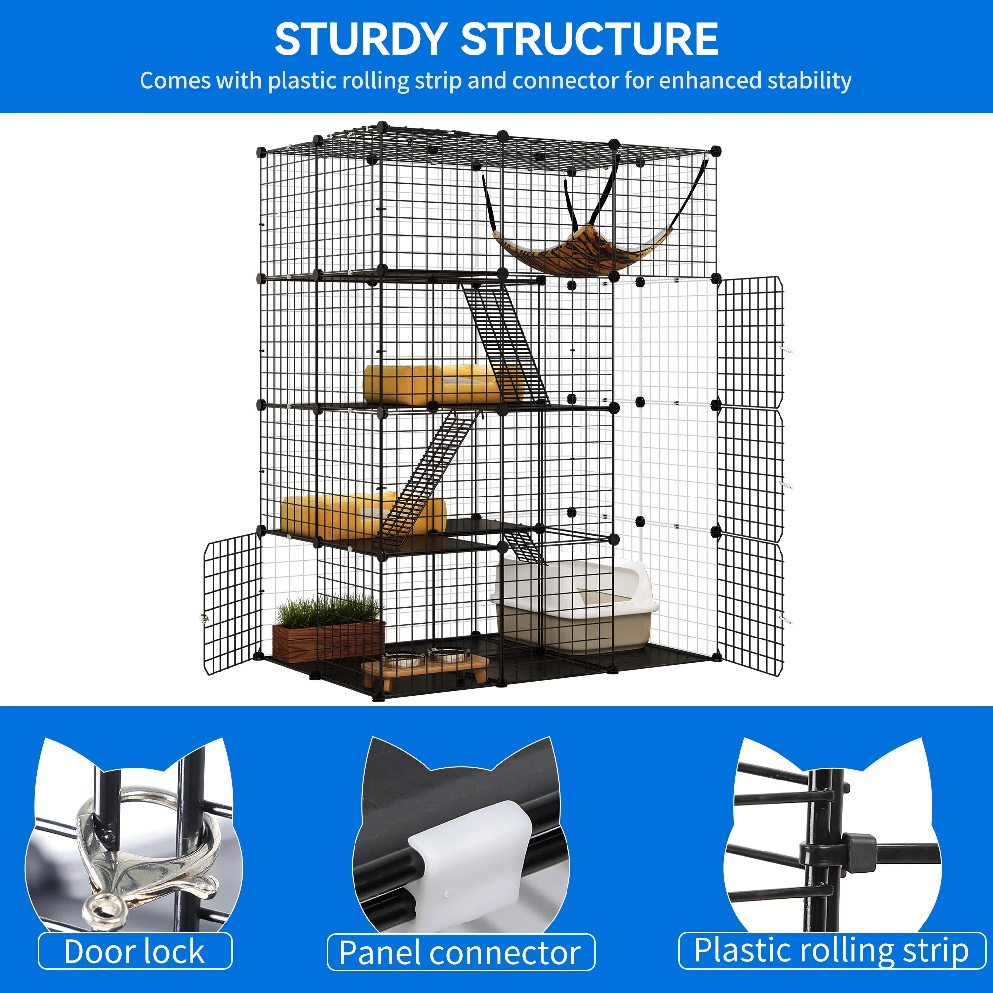 Large Cat Cage 4-Tier Kennels with Large Hammock ,Metal Wire Cat Kennel DIY Cat Playpen Perfect for 1-3 Cats