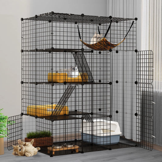 Large Cat Cage 4-Tier Kennels with Large Hammock ,Metal Wire Cat Kennel DIY Cat Playpen Perfect for 1-3 Cats