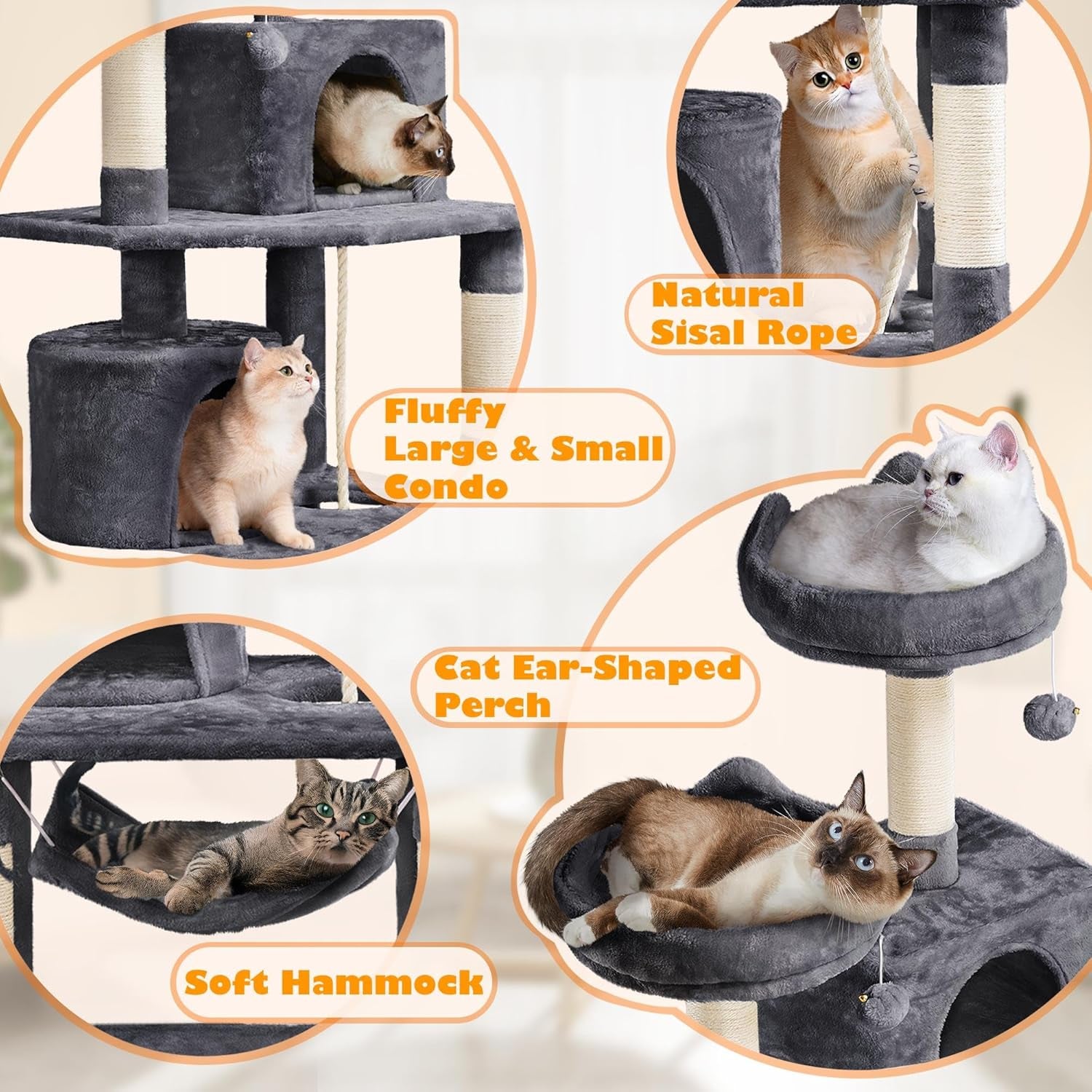 62.5Inches Cat Tree Cat Tower Cat Condo with Platform & Hammock, Scratching Posts for Kittens Pet Play House with Plush Perch for Indoor Activity Relaxing, Dark Gray