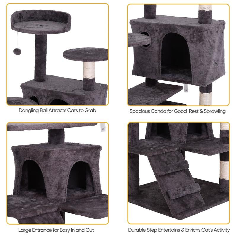Pet Republic 55-In Multi-Level Cat Tree Tower Indoor Cat Condo for Kitten, Cozy Plush Pet Furniture W/Sisal Scratching Posts & Ladder & Dangling Balls, Dark Gray