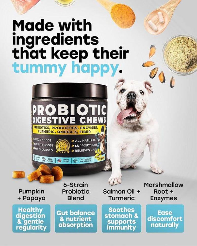 Pup Choice Probiotics for Dogs - Phd Endorsed Digestive Enzymes - Gut Health, Diarrhea & Bowel Support - Dog Treats with Turmeric, Omega-3 & Fiber - Immune Soft 140 Chews - Beef Flavor - Made in USA