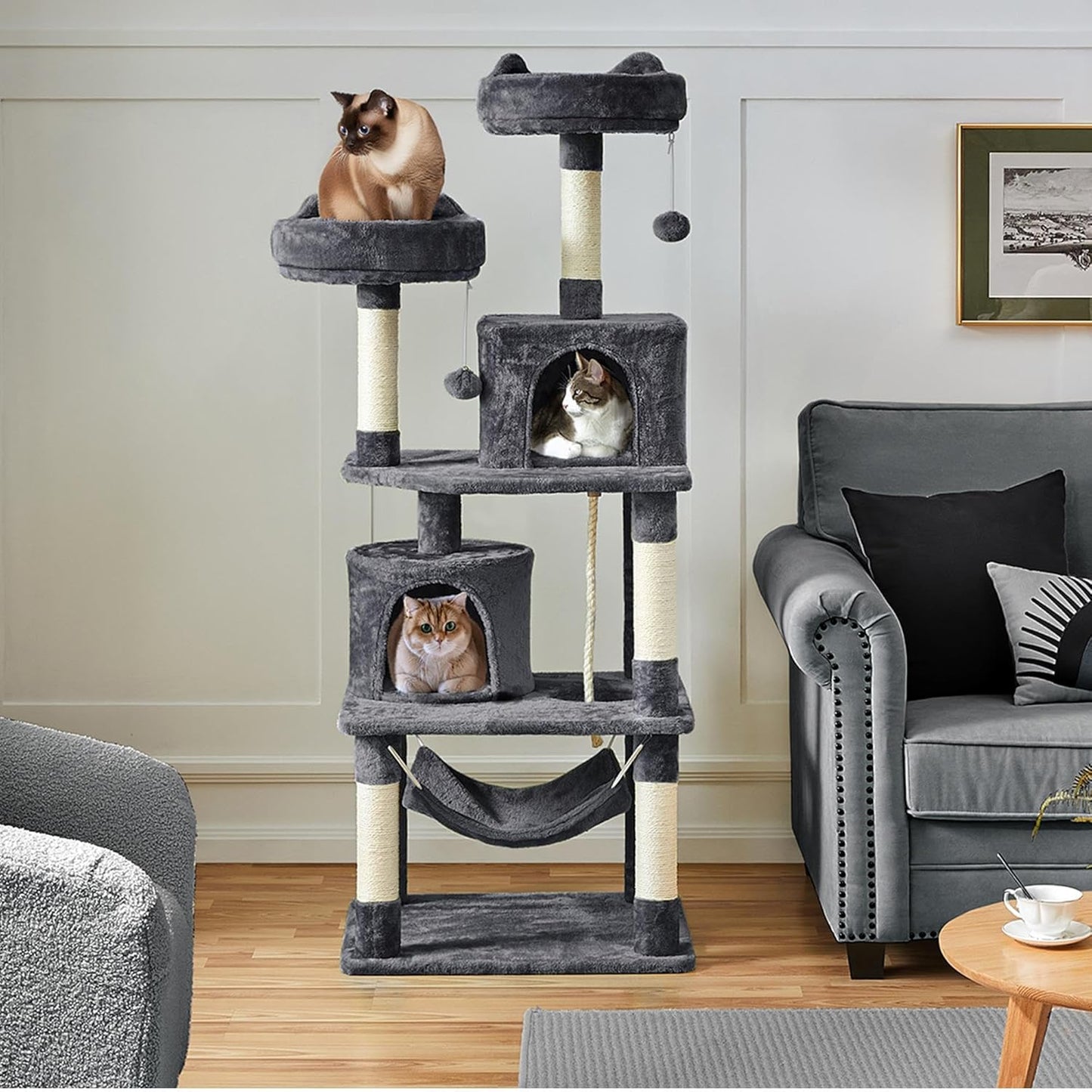 62.5Inches Cat Tree Cat Tower Cat Condo with Platform & Hammock, Scratching Posts for Kittens Pet Play House with Plush Perch for Indoor Activity Relaxing, Dark Gray