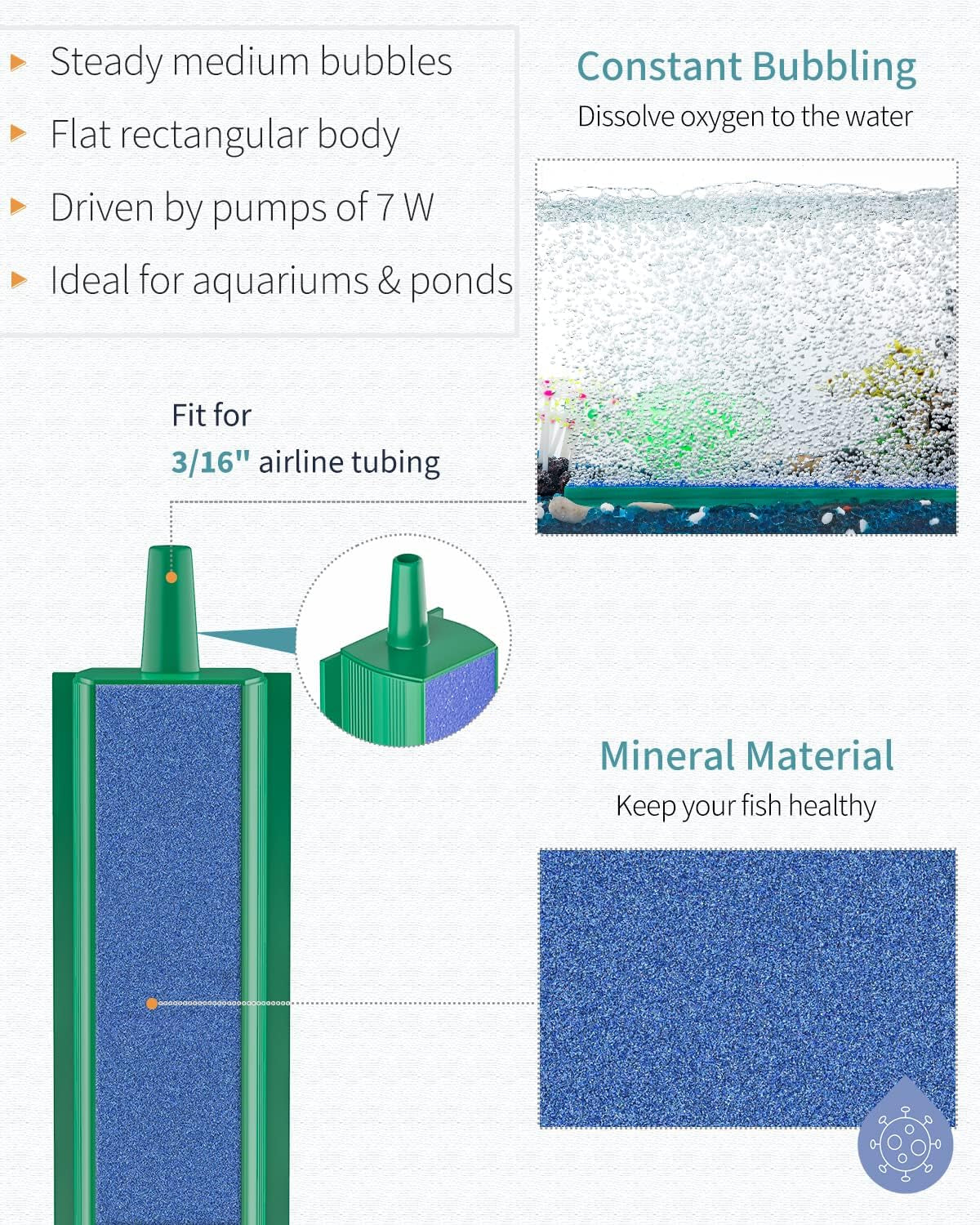 Aquarium Air Stone Bar Bubbler 12 Inch, Fish Tank Bubbler Stone with 4 Suction Cups Square Oxygen Diffuser for Air Pump Fish Tank Pond and DWC Reservoir, 4 Pack
