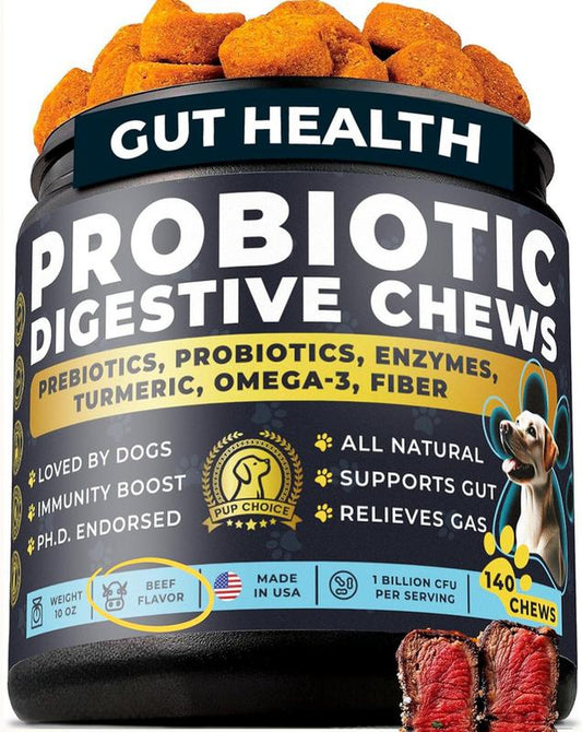 Pup Choice Probiotics for Dogs - Phd Endorsed Digestive Enzymes - Gut Health, Diarrhea & Bowel Support - Dog Treats with Turmeric, Omega-3 & Fiber - Immune Soft 140 Chews - Beef Flavor - Made in USA