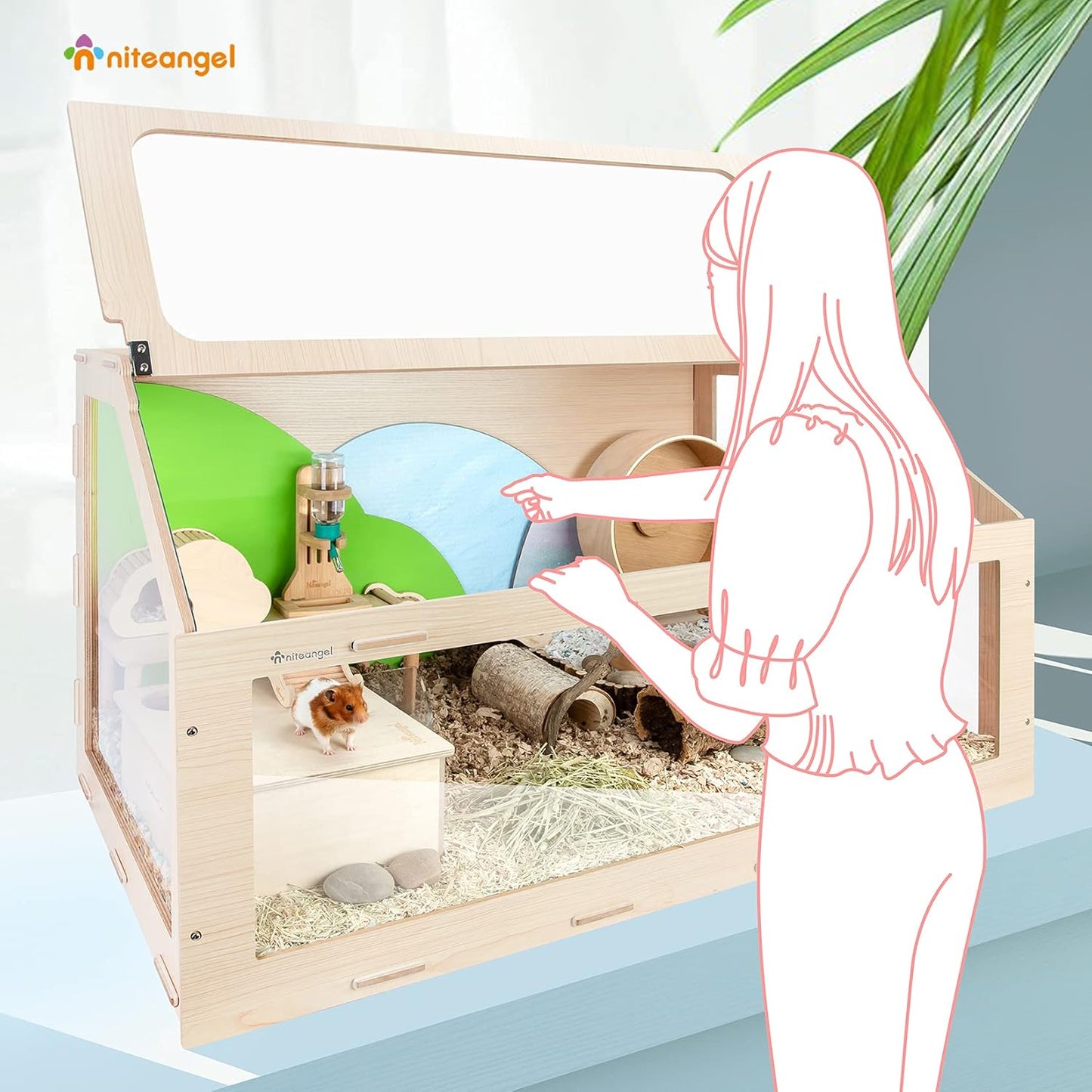 Spacious Vista Hamster Cage with Unique Oblique Opening - Stylish MDF Aspen Cage for Syrian Hamsters and Similar Pets (Medium 40.7” x 22.7” x 22.9”, Burlywood)