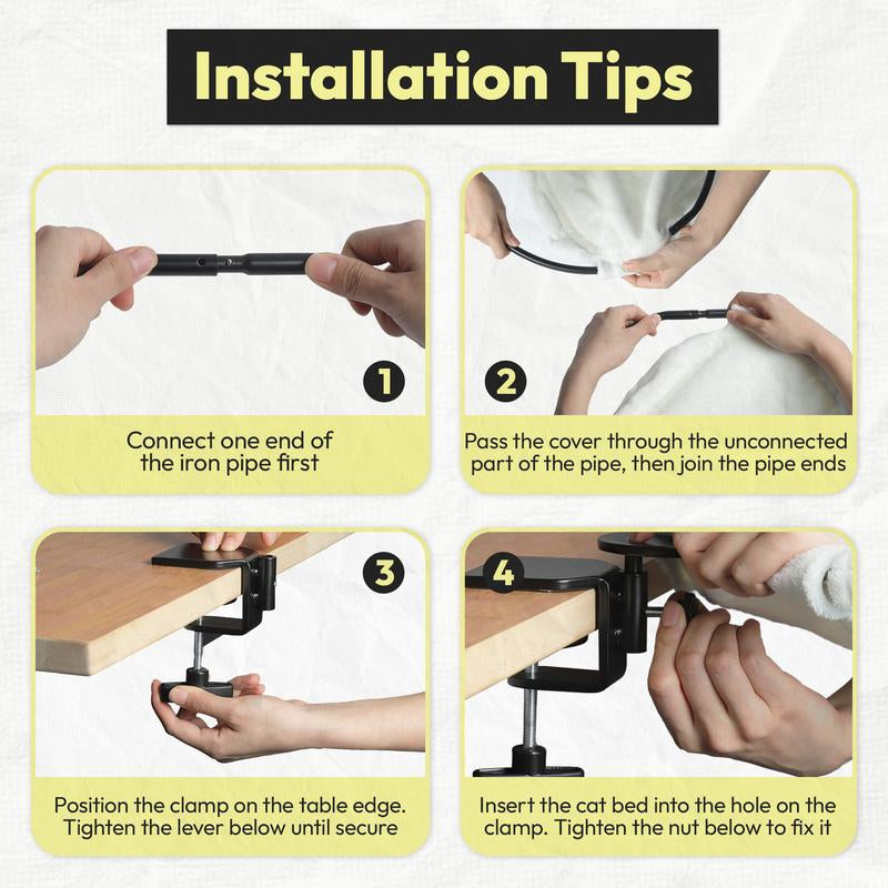 Clamp-On Cat Bed for Desk – Sturdy Iron Frame, Non-Slip Sponge Cushion Clamp, Super Soft Plush Bed, Fits Cats up to 50LBS, Easy Setup in Minutes