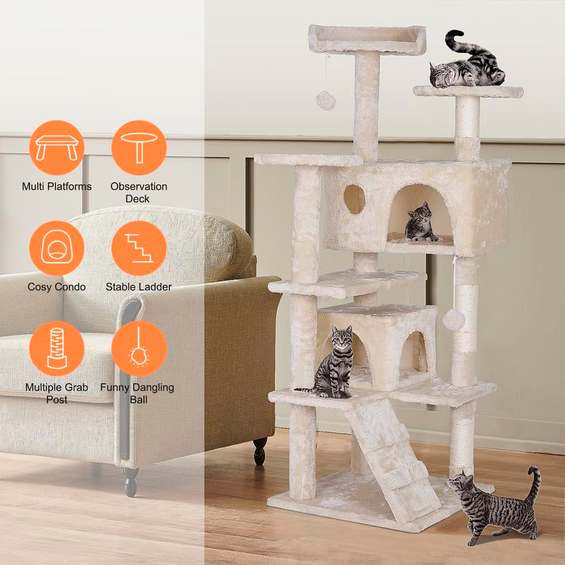 Pet Republic 55-In Multi-Level Cat Tree Tower Indoor Cat Condo for Kitten, Cozy Plush Pet Furniture W/Sisal Scratching Posts & Ladder & Dangling Balls, Dark Gray