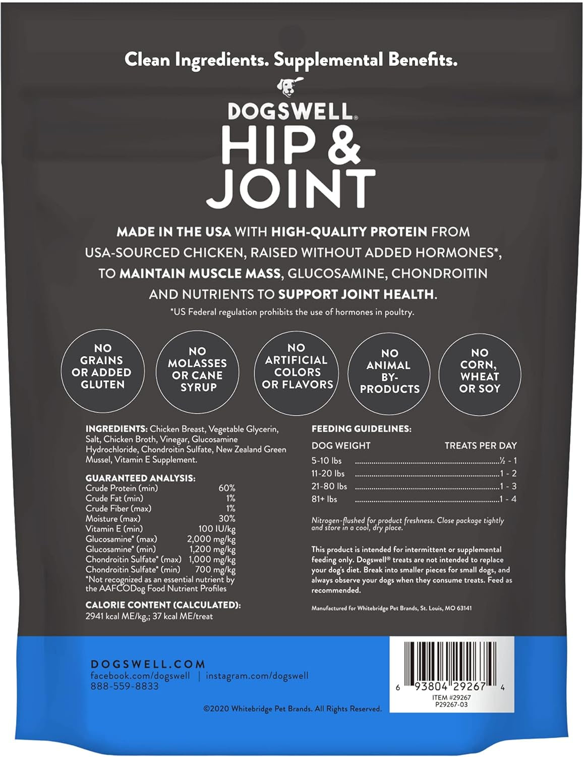 Jerky Hip and Joint Dog Treats Grain Free Made in USA Only, Glucosamine and Chondroitin, 4 Oz Chicken (842193)
