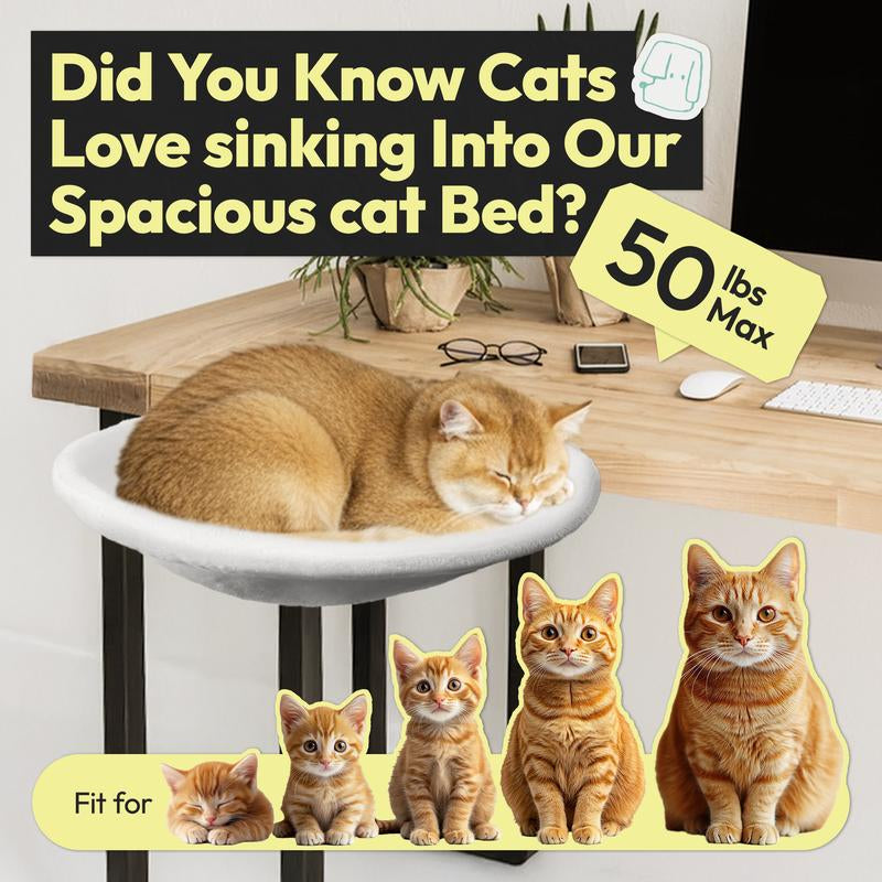 Clamp-On Cat Bed for Desk – Sturdy Iron Frame, Non-Slip Sponge Cushion Clamp, Super Soft Plush Bed, Fits Cats up to 50LBS, Easy Setup in Minutes