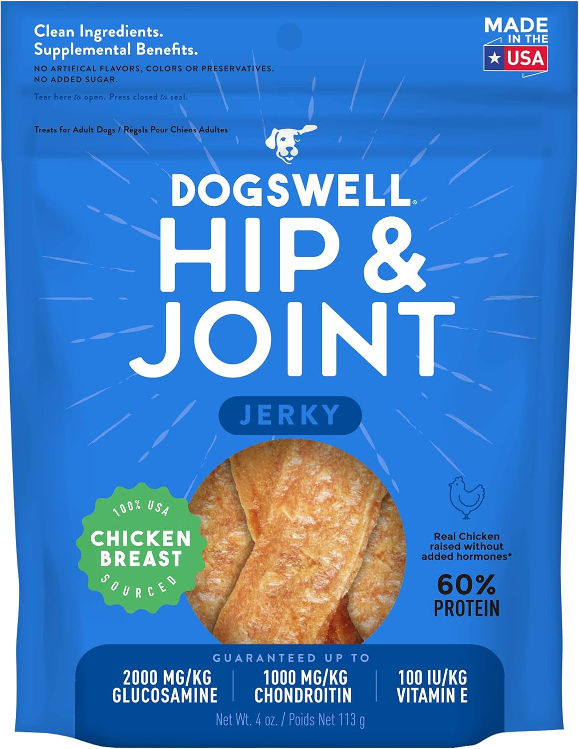 Jerky Hip and Joint Dog Treats Grain Free Made in USA Only, Glucosamine and Chondroitin, 4 Oz Chicken (842193)