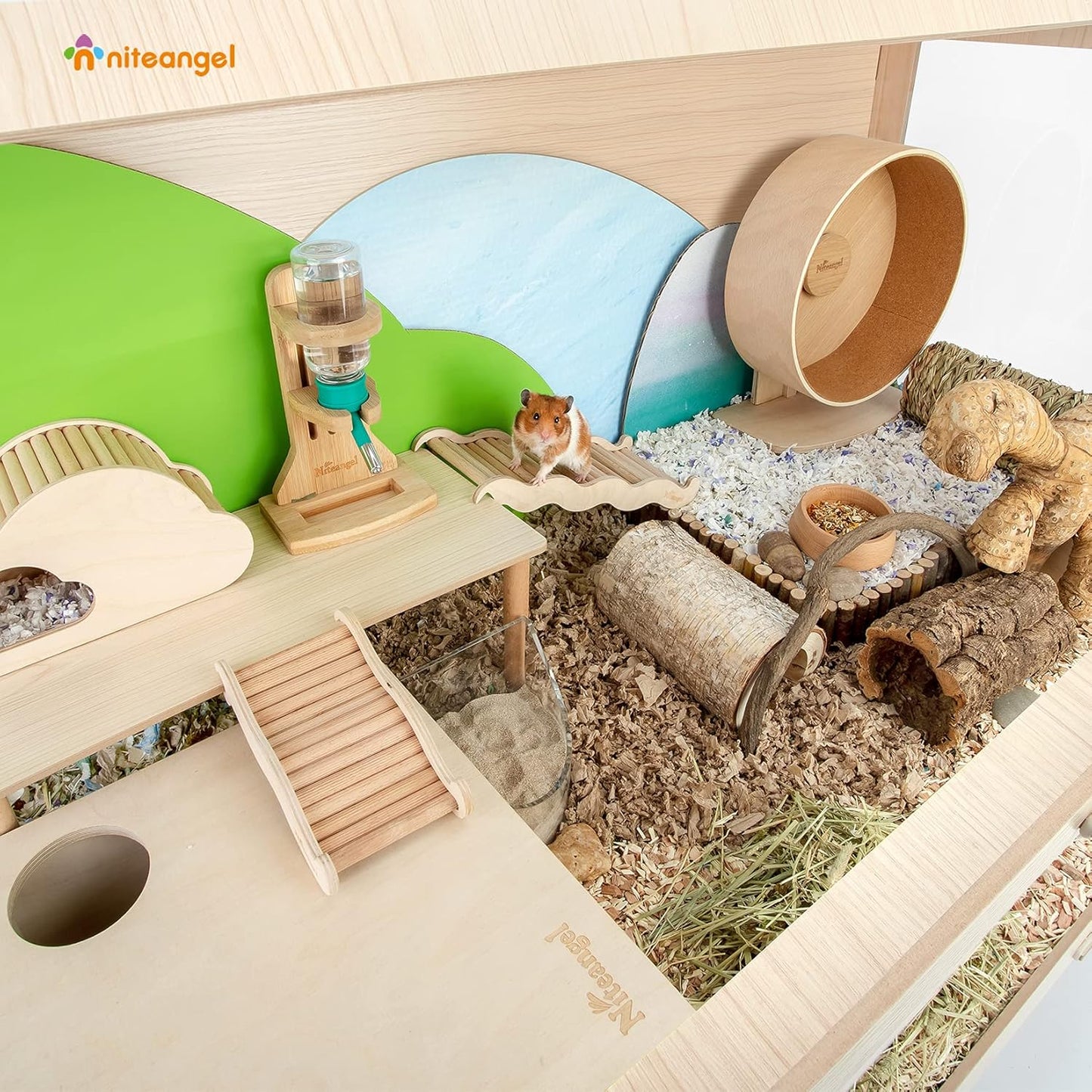 Spacious Vista Hamster Cage with Unique Oblique Opening - Stylish MDF Aspen Cage for Syrian Hamsters and Similar Pets (Medium 40.7” x 22.7” x 22.9”, Burlywood)