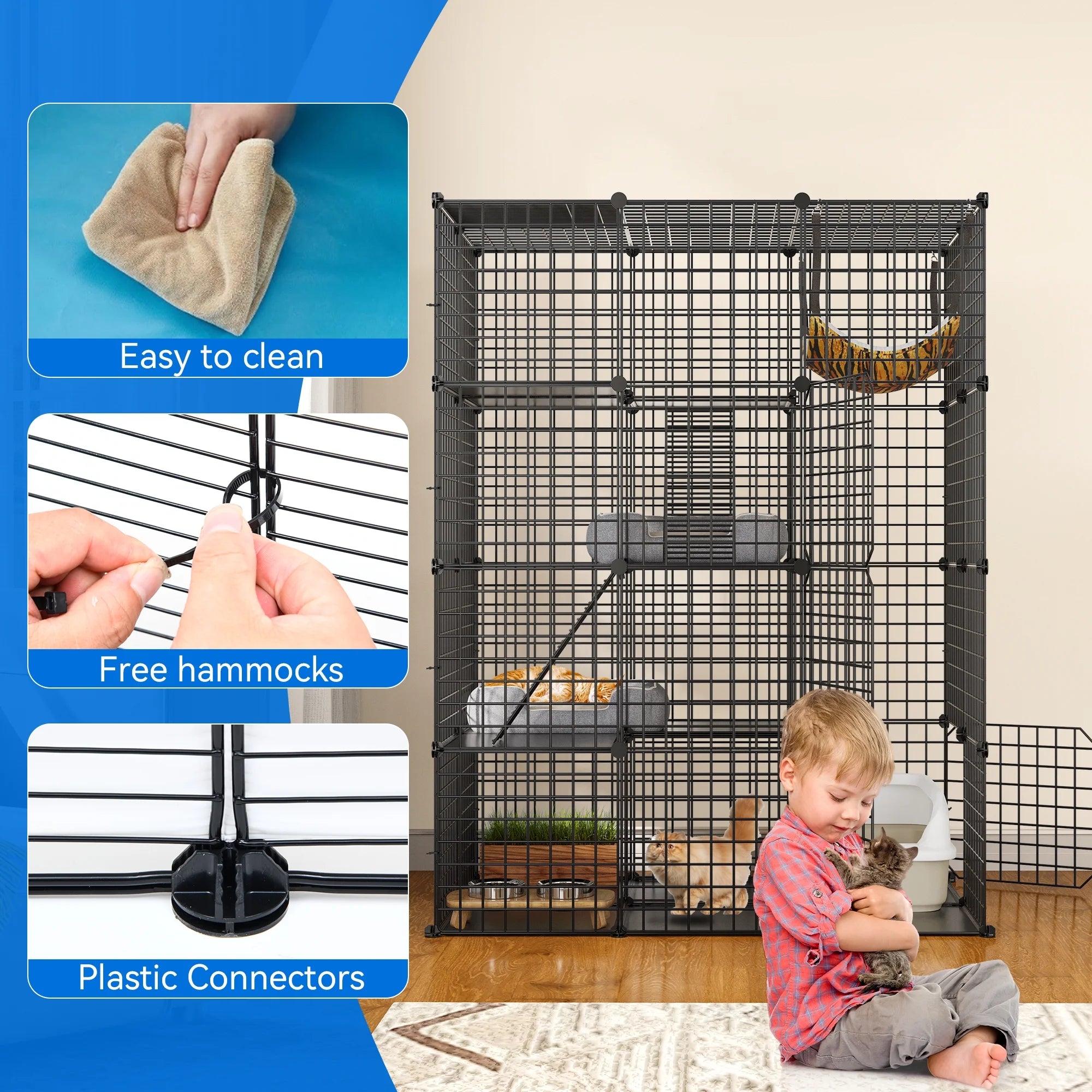 Large Cat Cage 4-Tier Kennels with Large Hammock ,Metal Wire Cat Kennel DIY Cat Playpen Perfect for 1-3 Cats