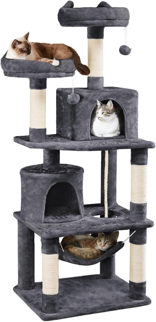 62.5Inches Cat Tree Cat Tower Cat Condo with Platform & Hammock, Scratching Posts for Kittens Pet Play House with Plush Perch for Indoor Activity Relaxing, Dark Gray