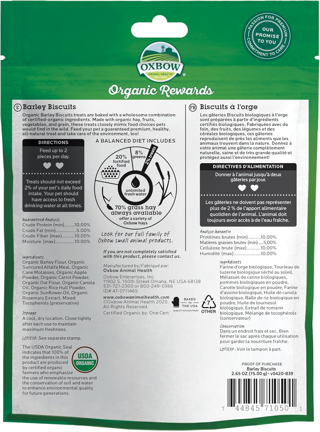 Organic Barley Biscuits, Rabbit & Guinea Pig Treats, Organic Hamster & Bunny Treats with Barley, Apple & Carrot, Made in USA, Small Pet Supplies, 2.65 Oz Bag